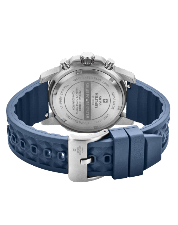 Stainless steel caseback of SMS34113.03 with engraved Swiss Solar Power System and rubber strap.