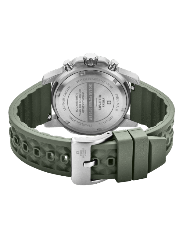 Fond de boîtier en acier inoxydable du SMS34113.04 avec gravure Swiss Solar Power System et bracelet en caoutchouc.