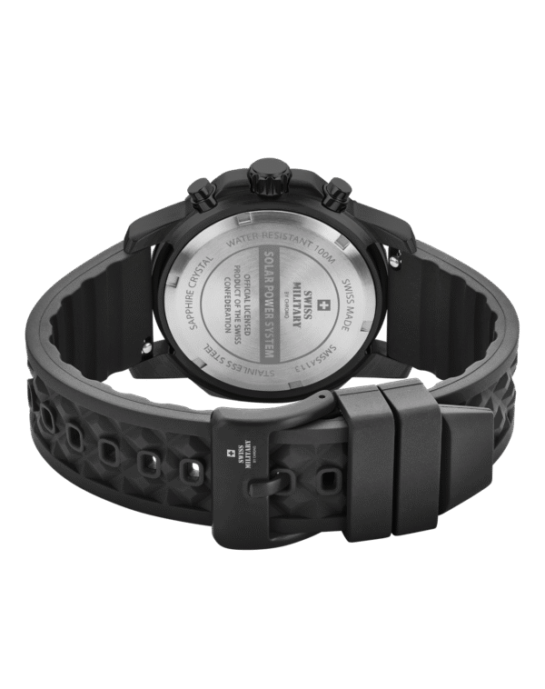 Caseback of Swiss Military Solar Watch SMS34113.05 with engraved stainless steel and black rubber strap.