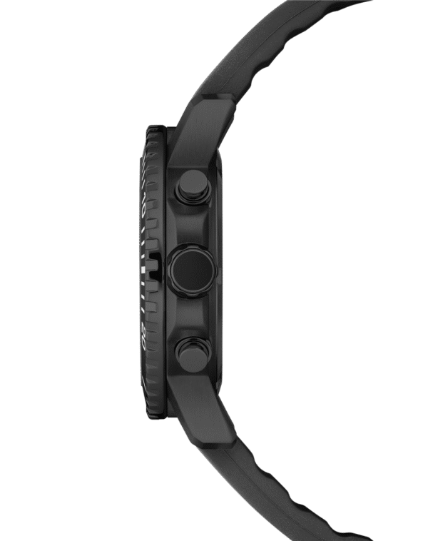 Men’s Swiss Military Chronograph SMS34113.05 side profile with Black PVD case and black rubber strap.