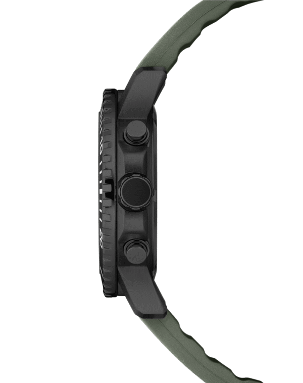 Seitenprofil der Swiss Military Chronograph-Uhr SMS34113.06 mit schwarzem PVD-Gehäuse und grünem Kautschukband.