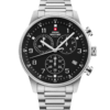 Swiss Military Minimalist Chronograph Watch with black dial and silver steel bracelet – Swiss Made men’s watch with stop‑function
