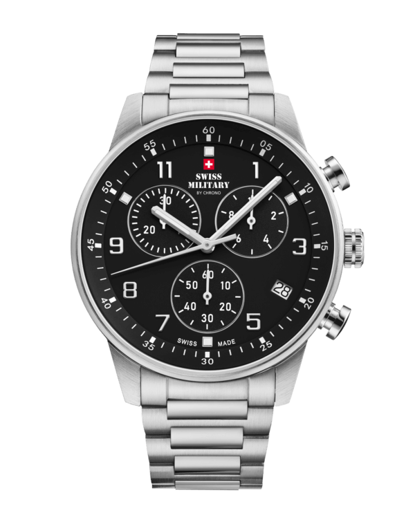 Swiss Military Minimalist Chronograph Watch with black dial and silver steel bracelet – Swiss Made men’s watch with stop‑function