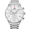Swiss Military Minimalist Chronograph Watch with white dial and silver steel bracelet – Swiss Made men’s watch with stop‑function.