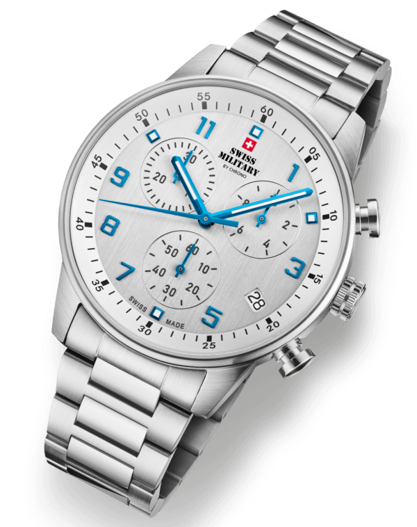 Angle view of Swiss Military Minimalist Chronograph Watch – silver steel case with white dial and blue markers.
