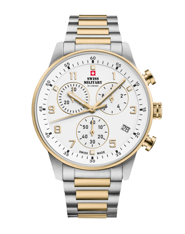 Swiss Military Minimalist Chronograph Watch with white dial and bicolor silver gold bracelet – Swiss Made two‑tone chronograph with stop‑function.