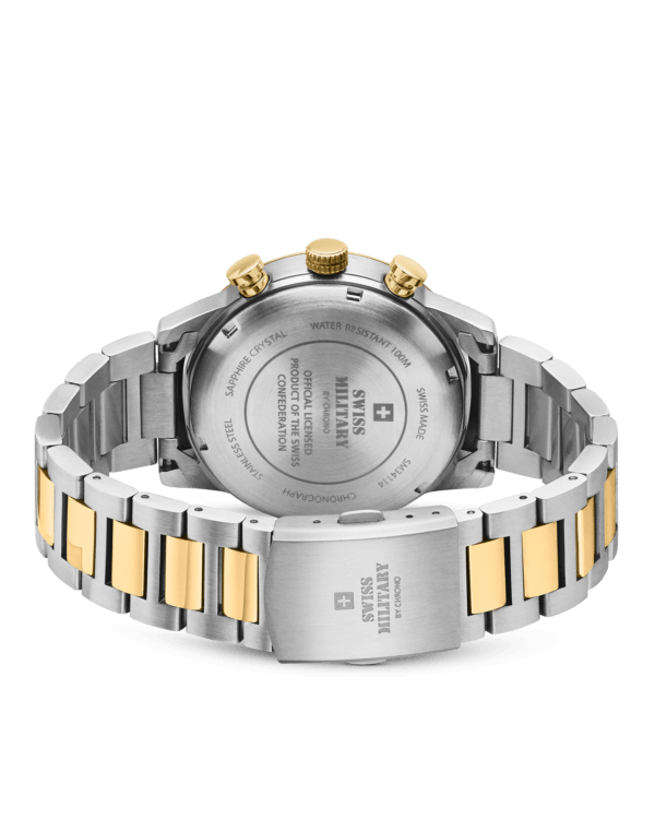 Back view Swiss Military Minimalist Chronograph Watch – stainless steel case back with official Swiss Confederation license engraving.