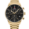 Swiss Military Minimalist Chronograph Watch with black dial and gold steel bracelet – Swiss Made luxury watch with stop‑function.