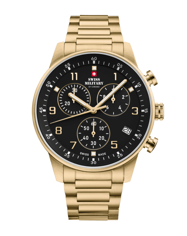 Swiss Military Minimalist Chronograph Watch with black dial and gold steel bracelet – Swiss Made luxury watch with stop‑function.