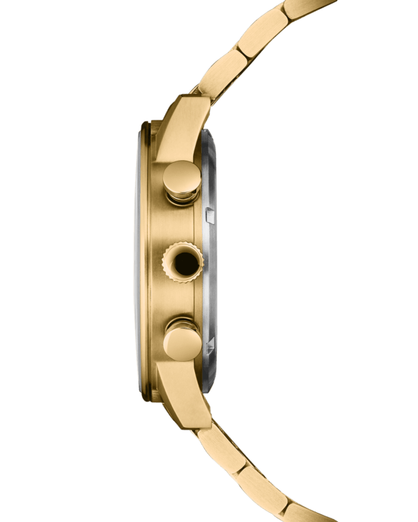 Side view of Swiss Military Minimalist Chronograph Watch – gold case with black dial and polished pushers.