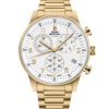 Swiss Military Minimalist Chronograph Watch with white dial and gold steel bracelet – Swiss Made watch with stop‑function and 5‑year warranty.