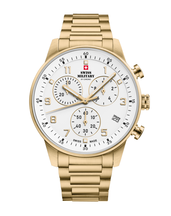 Swiss Military Minimalist Chronograph Watch with white dial and gold steel bracelet – Swiss Made watch with stop‑function and 5‑year warranty.