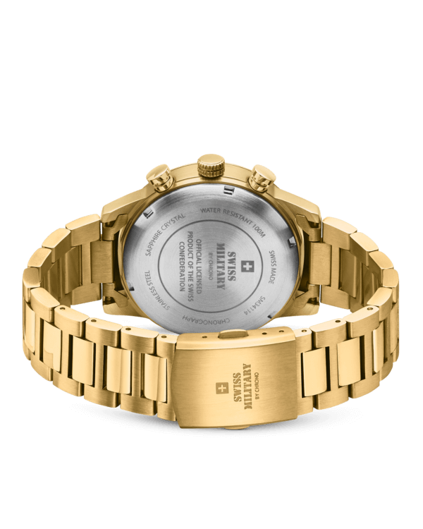 Back view Swiss Military Minimalist Chronograph Watch – engraved Swiss Military logo and official Swiss Confederation license on gold steel case.