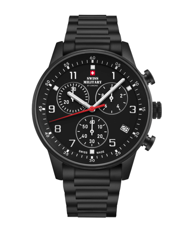 Swiss Military Minimalist Chronograph Watch with black dial and black steel bracelet – Swiss Made durable chronograph with stop‑function.