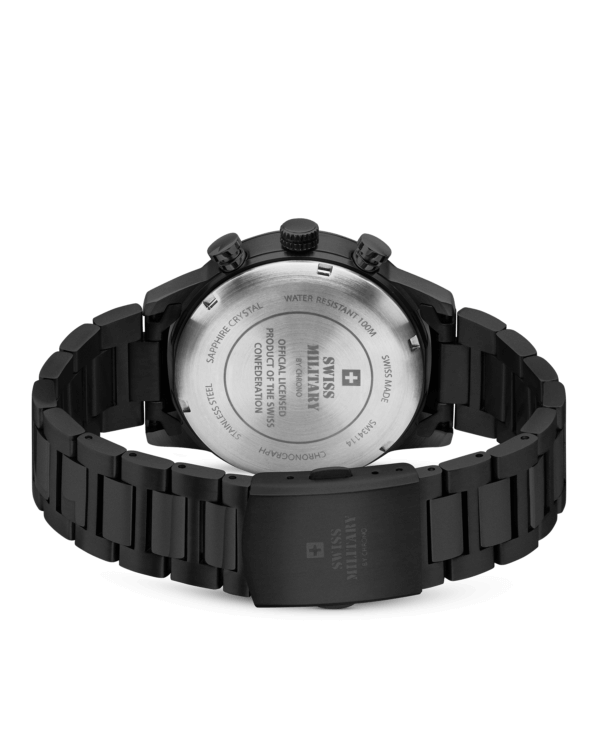 Back view Swiss Military Minimalist Chronograph Watch – engraved Swiss Military logo and official Swiss Confederation license on black steel case.
