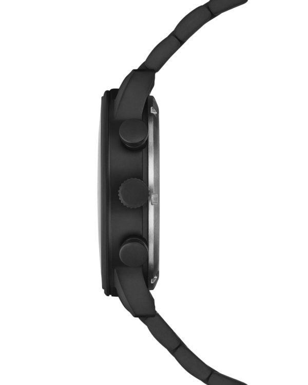 Side view Swiss Military Minimalist Chronograph Watch – matte black case with steel pushers and chronograph design.