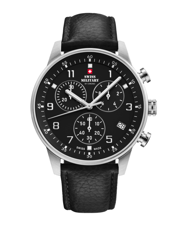 Swiss Military Minimalist Chronograph Watch with black dial and leather strap – Swiss Made chronograph for precision and everyday comfort.
