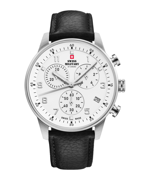 Swiss Military Minimalist Chronograph Watch with white dial and black leather strap – Swiss Made chronograph for timeless elegance and precision.