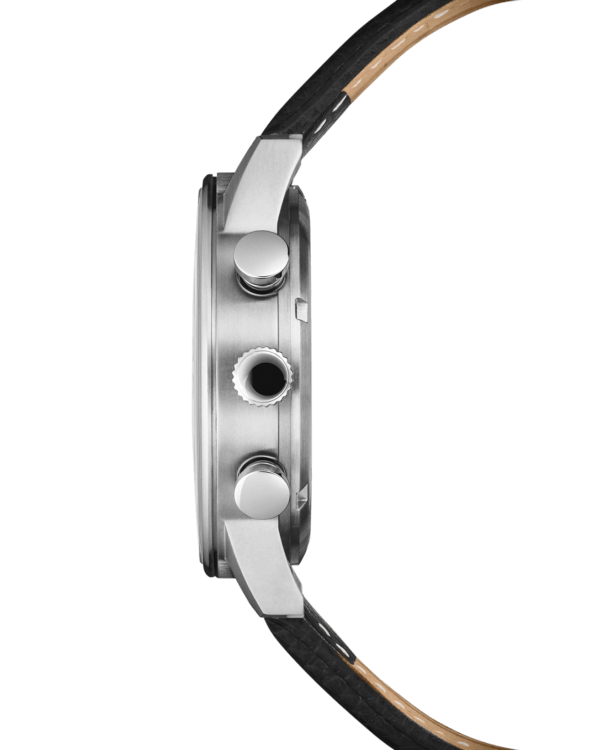 Side view Swiss Military Minimalist Chronograph Watch – silver case with white dial and black leather strap.