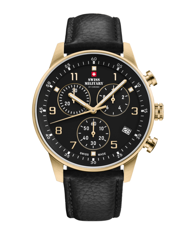Swiss Military Minimalist Chronograph Watch with black dial, white hands and gold second hand – Swiss Made gold case with leather strap for refined style.