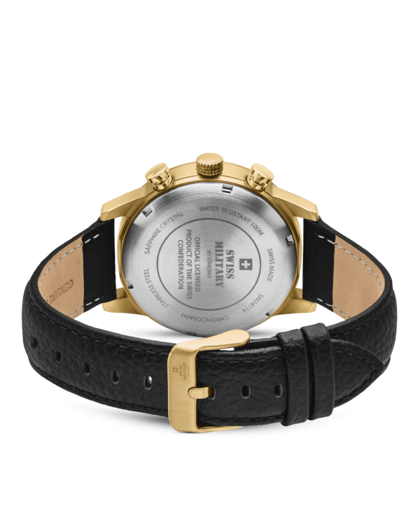 Back view Swiss Military Minimalist Chronograph Watch – gold case with engraved Swiss Military logo and Swiss Confederation license seal.