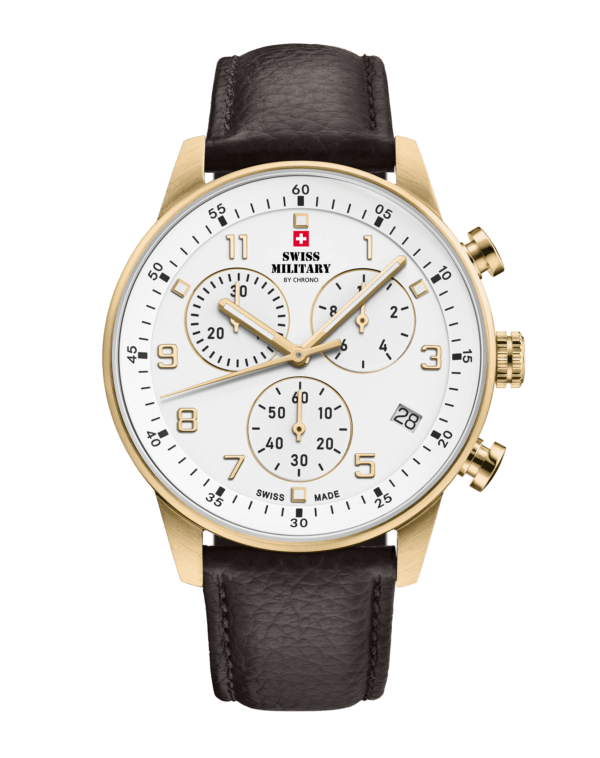 Swiss Military Minimalist Chronograph Watch with white dial and brown leather strap – Swiss Made heritage chronograph with gold case.
