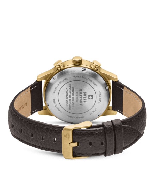 Back view Swiss Military Minimalist Chronograph Watch – engraved Swiss Military logo and Swiss Confederation license on gold case.