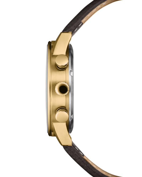Side view Swiss Military Minimalist Chronograph Watch – gold case with white dial and brown leather strap.
