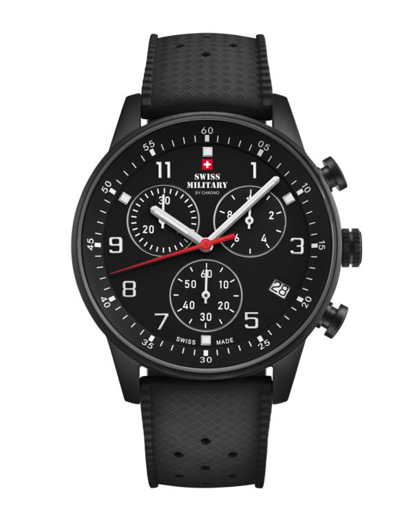 Swiss Military Minimalist Chronograph Watch with black dial and FKM rubber strap – Swiss Made durable chronograph for active comfort.