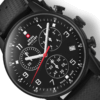 Detail view Swiss Military Minimalist Chronograph Watch – black case, pushers, and FKM rubber strap texture.