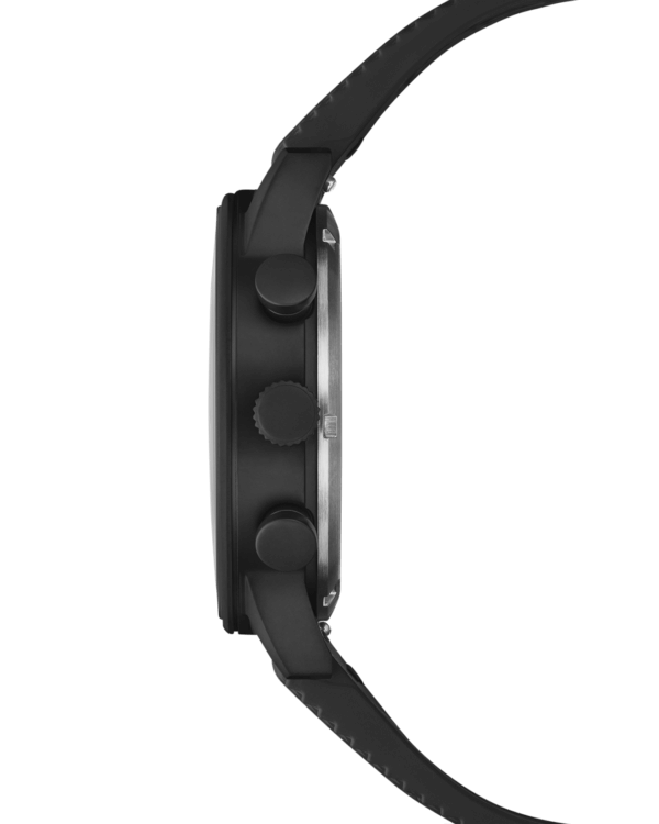 Side view Swiss Military Minimalist Chronograph Watch – black case with FKM rubber strap.