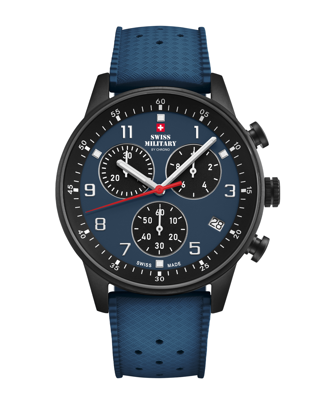 Swiss Military Minimalist Chronograph Watch with blue dial and FKM rubber strap – Swiss Made chronograph for active style and comfort.
