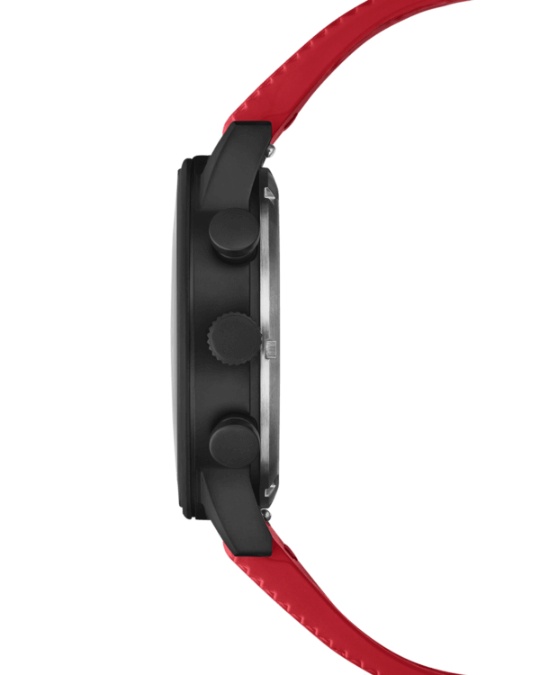 Вид сбоку Швейцарские военные часы-хронограф в минималистском стиле - черный корпус с красным циферблатом и каучуковый ремешок FKM.