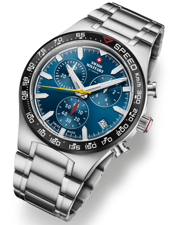 Swiss Military Speed Chronograph Watch blue dial tachymeter angled view