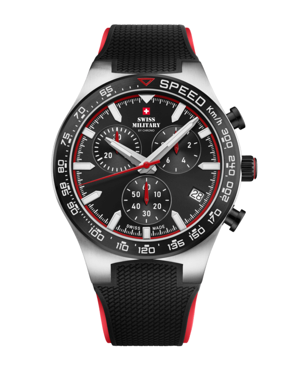 Swiss Military Speed Chronograph Watch black red rubber front view