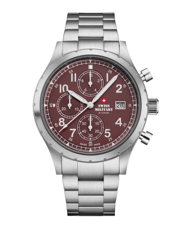 Швейцарские военные часы с полевым хронографом бордовый циферблат серебристая сталь вид спереди