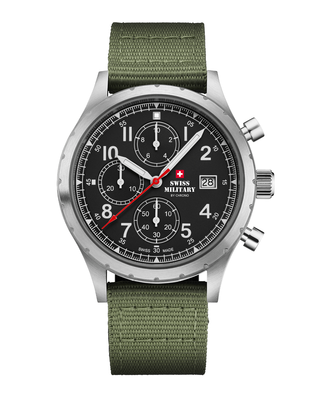 Swiss Military Field Chronograph Watch black dial green canvas front view