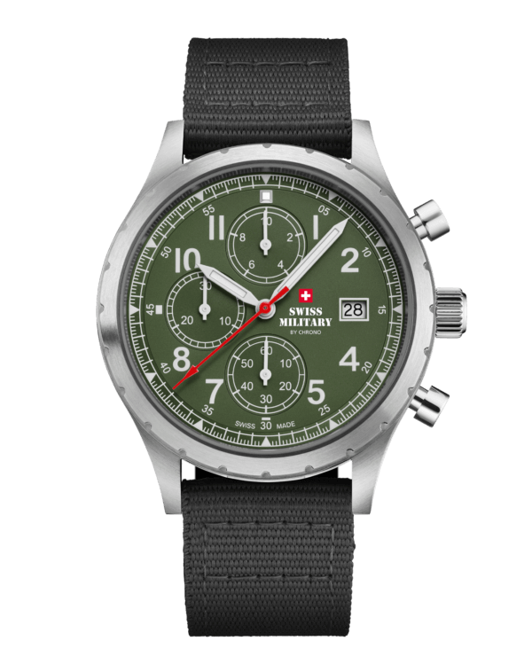 Швейцарские часы Military Field Chronograph с черным циферблатом и черным холстом спереди