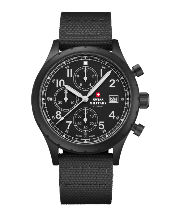 Швейцарские военные часы с полевым хронографом черный PVD холст вид спереди