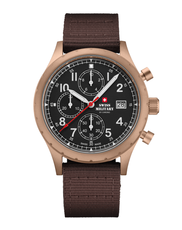 Швейцарские военные часы с полевым хронографом в золотом корпусе из коричневого холста вид спереди